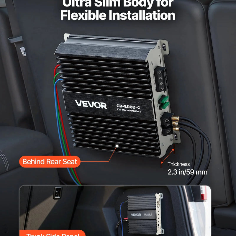 VEVOR monobloka automašīnas pastiprinātājs 800 W RMS, 1 kanāls, D klase, stabils pie 1/2/4 Ω, ar tālvadības subwoofera līmeņa regulatoru, zemo frekvenču filtru, basa pastiprinājumu un fāzes regulēšanu