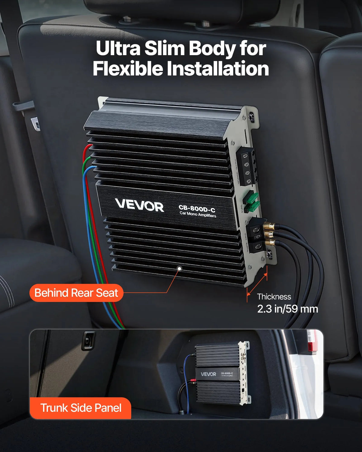 VEVOR Monoblock Car Amplifier 800 W RMS, 1 Channel, Class D, Stable at 1/2/4 Ω, with Remote Subwoofer Level Control, Low-Pass Filter, Bass Boost and Phase Adjustment