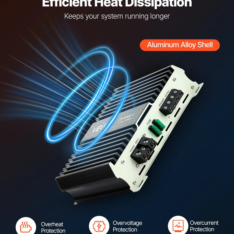 VEVOR monobloka automašīnas pastiprinātājs 800 W RMS, 1 kanāls, D klase, stabils pie 1/2/4 Ω, ar tālvadības subwoofera līmeņa regulatoru, zemo frekvenču filtru, basa pastiprinājumu un fāzes regulēšanu