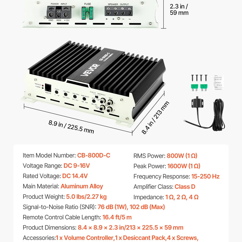 VEVOR monobloka automašīnas pastiprinātājs 800 W RMS, 1 kanāls, D klase, stabils pie 1/2/4 Ω, ar tālvadības subwoofera līmeņa regulatoru, zemo frekvenču filtru, basa pastiprinājumu un fāzes regulēšanu