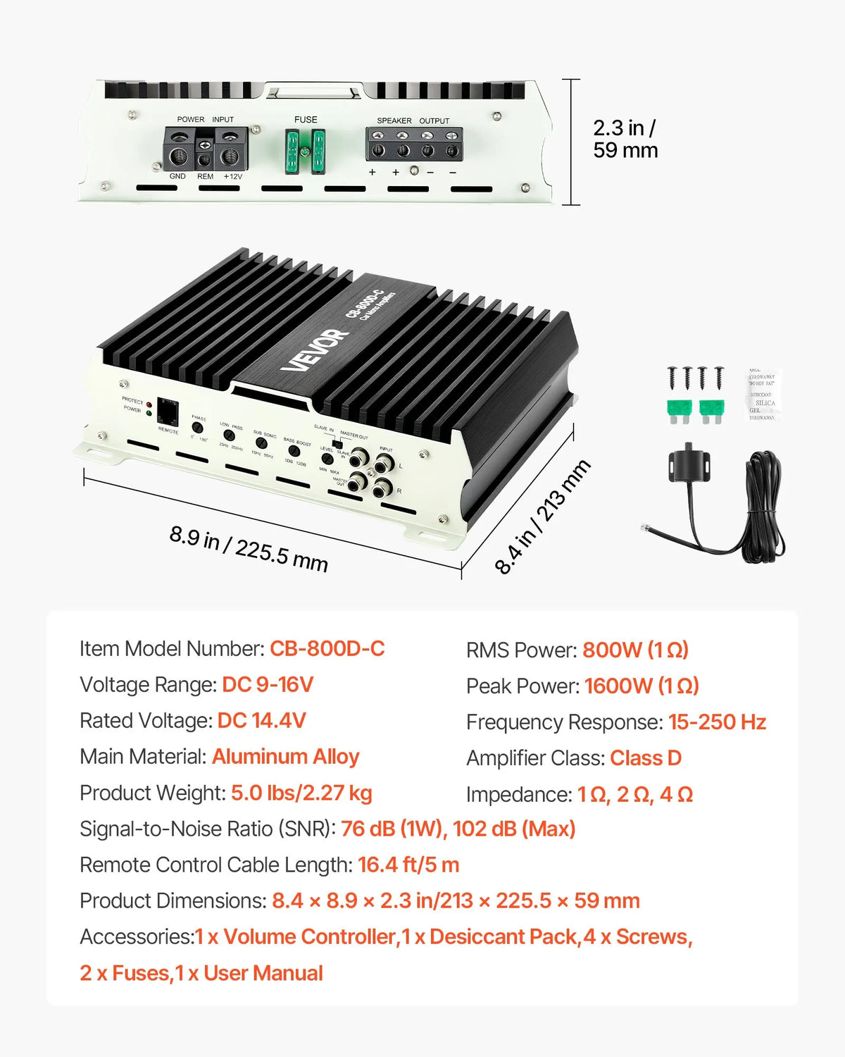 VEVOR Monoblock Car Amplifier 800 W RMS, 1 Channel, Class D, Stable at 1/2/4 Ω, with Remote Subwoofer Level Control, Low-Pass Filter, Bass Boost and Phase Adjustment