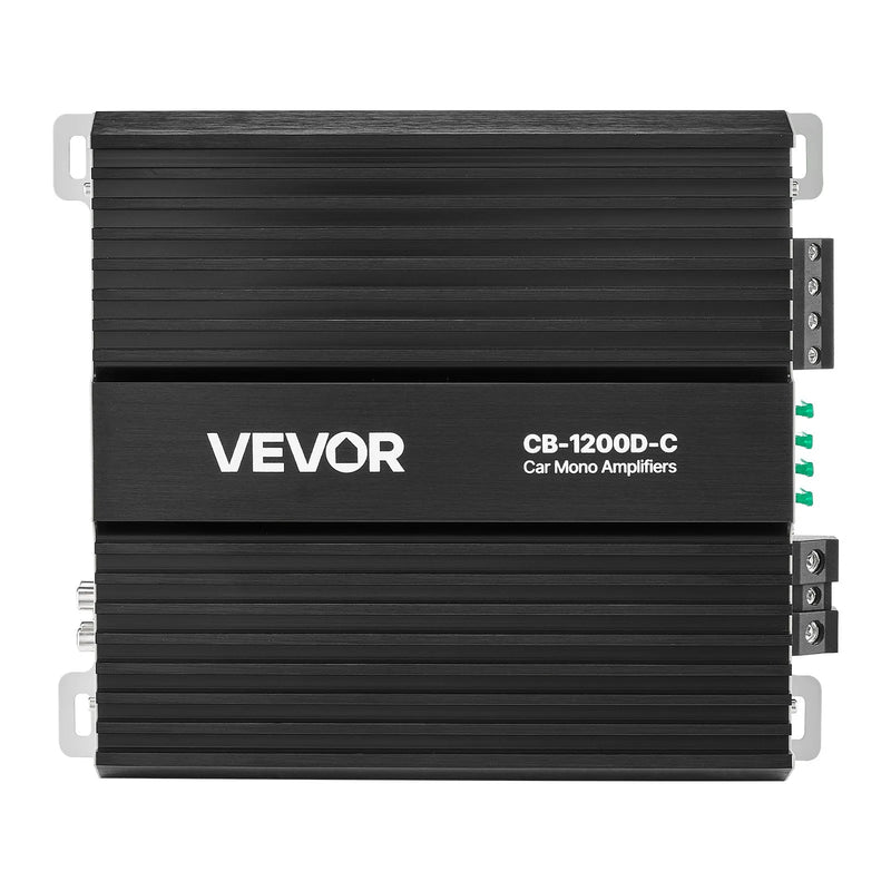 VEVOR monobloka automašīnas pastiprinātājs 1200 W RMS, 1 kanāls, D klase, stabils pie 1/2/4 Ω, ar tālvadības subwoofera līmeņa regulatoru, zemo frekvenču filtru, basa pastiprinājumu un fāzes regulēšanu