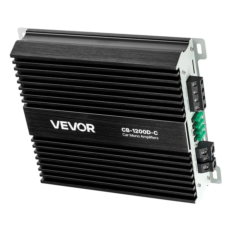 VEVOR monobloka automašīnas pastiprinātājs 1200 W RMS, 1 kanāls, D klase, stabils pie 1/2/4 Ω, ar tālvadības subwoofera līmeņa regulatoru, zemo frekvenču filtru, basa pastiprinājumu un fāzes regulēšanu