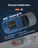 VEVOR monobloka automašīnas pastiprinātājs 1200 W RMS, 1 kanāls, D klase, stabils pie 1/2/4 Ω, ar tālvadības subwoofera līmeņa regulatoru, zemo frekvenču filtru, basa pastiprinājumu un fāzes regulēšanu