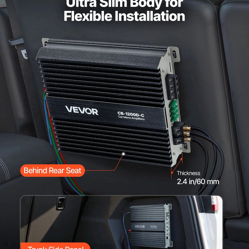 VEVOR monobloka automašīnas pastiprinātājs 1200 W RMS, 1 kanāls, D klase, stabils pie 1/2/4 Ω, ar tālvadības subwoofera līmeņa regulatoru, zemo frekvenču filtru, basa pastiprinājumu un fāzes regulēšanu