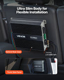 VEVOR monobloka automašīnas pastiprinātājs 1200 W RMS, 1 kanāls, D klase, stabils pie 1/2/4 Ω, ar tālvadības subwoofera līmeņa regulatoru, zemo frekvenču filtru, basa pastiprinājumu un fāzes regulēšanu