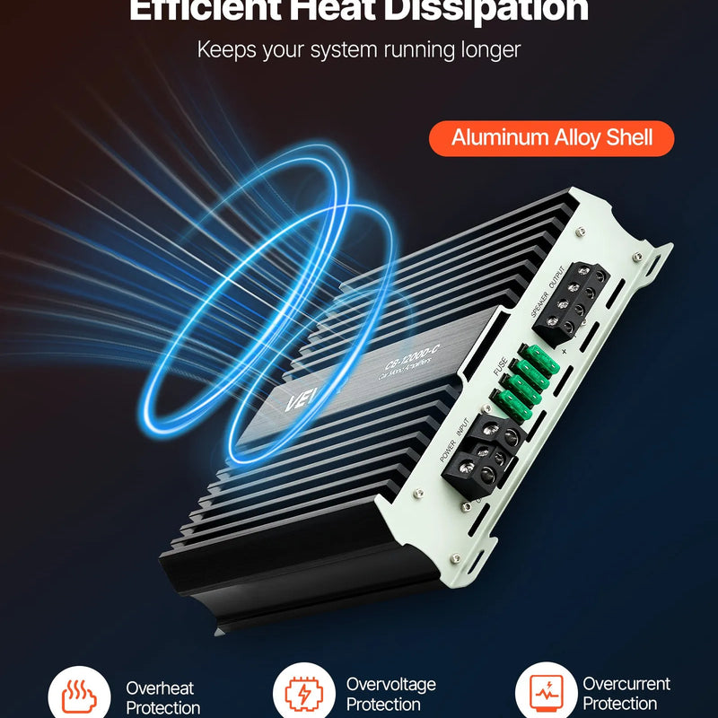 VEVOR monobloka automašīnas pastiprinātājs 1200 W RMS, 1 kanāls, D klase, stabils pie 1/2/4 Ω, ar tālvadības subwoofera līmeņa regulatoru, zemo frekvenču filtru, basa pastiprinājumu un fāzes regulēšanu