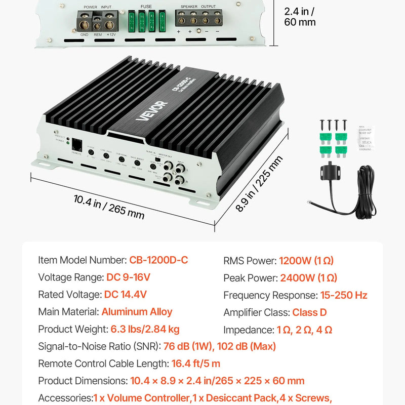 VEVOR monobloka automašīnas pastiprinātājs 1200 W RMS, 1 kanāls, D klase, stabils pie 1/2/4 Ω, ar tālvadības subwoofera līmeņa regulatoru, zemo frekvenču filtru, basa pastiprinājumu un fāzes regulēšanu