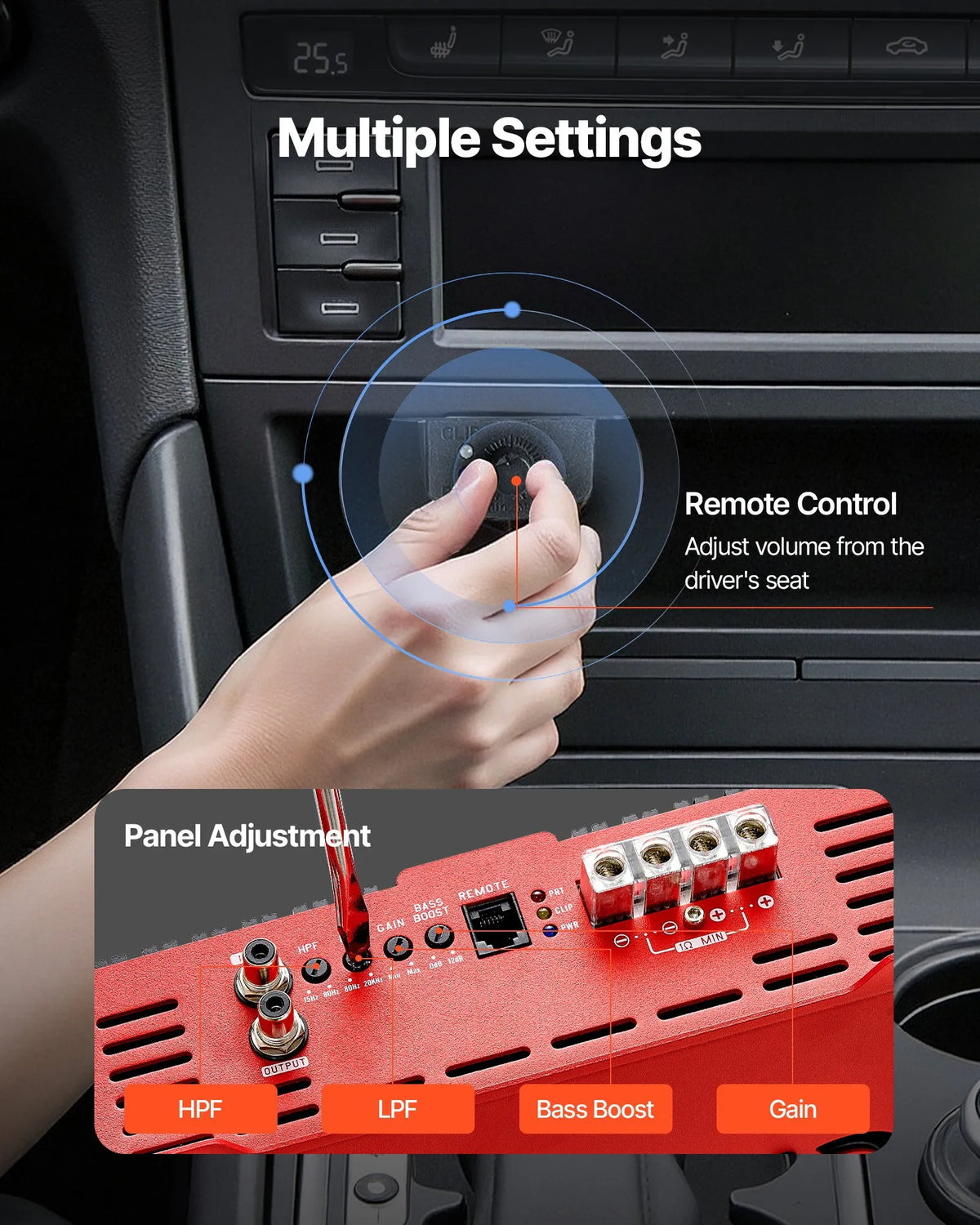 VEVOR Monoblock Car Amplifier, 1500 W RMS MAX, Stable at 1/2/4 Ω, 1-Channel Class D Car Audio Amplifier with Remote Subwoofer Level Control, Low-Pass Filter and Bass Boost, Volume Controller Included