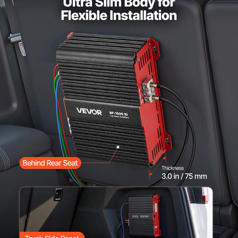 VEVOR monobloka automašīnas pastiprinātājs, 1500 W RMS MAX, stabils pie 1/2/4 Ω, 1 kanāla D klases automašīnas audio pastiprinātājs ar tālvadības subwoofera līmeņa kontroli, zemo frekvenču filtru un basu pastiprinājumu, komplektā skaļuma regulators