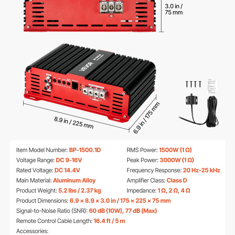 VEVOR monobloka automašīnas pastiprinātājs, 1500 W RMS MAX, stabils pie 1/2/4 Ω, 1 kanāla D klases automašīnas audio pastiprinātājs ar tālvadības subwoofera līmeņa kontroli, zemo frekvenču filtru un basu pastiprinājumu, komplektā skaļuma regulators