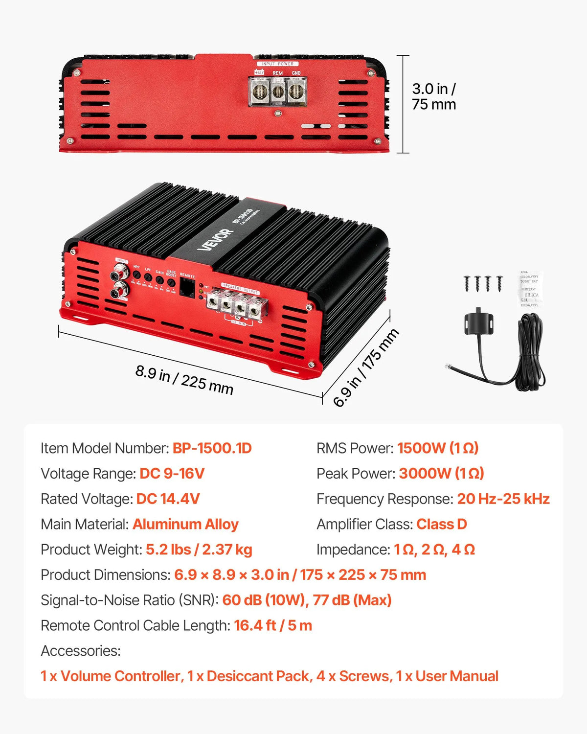 VEVOR Monoblock Car Amplifier, 1500 W RMS MAX, Stable at 1/2/4 Ω, 1-Channel Class D Car Audio Amplifier with Remote Subwoofer Level Control, Low-Pass Filter and Bass Boost, Volume Controller Included