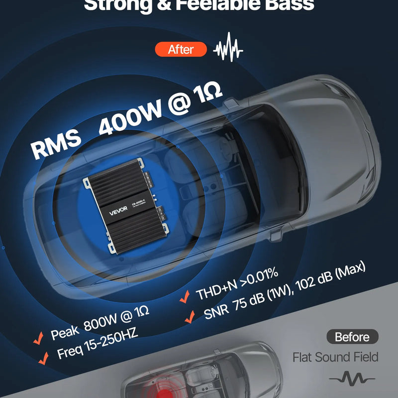 VEVOR monobloka automašīnas pastiprinātājs 400 W RMS, 1 kanāls, D klase, stabils pie 1/2/4 Ω, ar tālvadības subwoofera līmeņa regulatoru, zemo frekvenču filtru, basa pastiprinājumu un fāzes regulēšanu