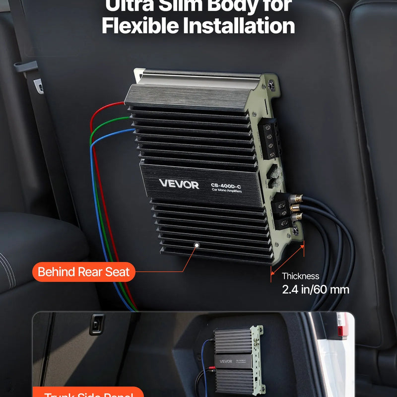 VEVOR monobloka automašīnas pastiprinātājs 400 W RMS, 1 kanāls, D klase, stabils pie 1/2/4 Ω, ar tālvadības subwoofera līmeņa regulatoru, zemo frekvenču filtru, basa pastiprinājumu un fāzes regulēšanu