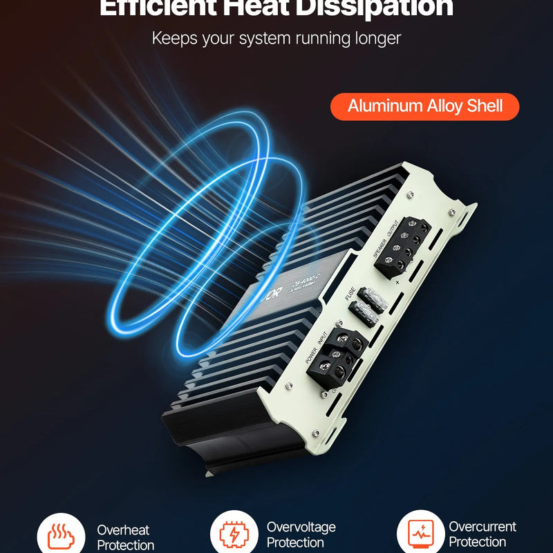 VEVOR monobloka automašīnas pastiprinātājs 400 W RMS, 1 kanāls, D klase, stabils pie 1/2/4 Ω, ar tālvadības subwoofera līmeņa regulatoru, zemo frekvenču filtru, basa pastiprinājumu un fāzes regulēšanu