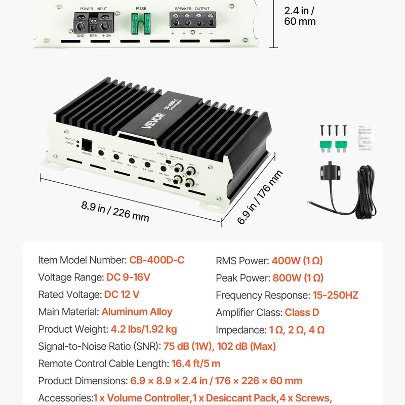 VEVOR monobloka automašīnas pastiprinātājs 400 W RMS, 1 kanāls, D klase, stabils pie 1/2/4 Ω, ar tālvadības subwoofera līmeņa regulatoru, zemo frekvenču filtru, basa pastiprinājumu un fāzes regulēšanu