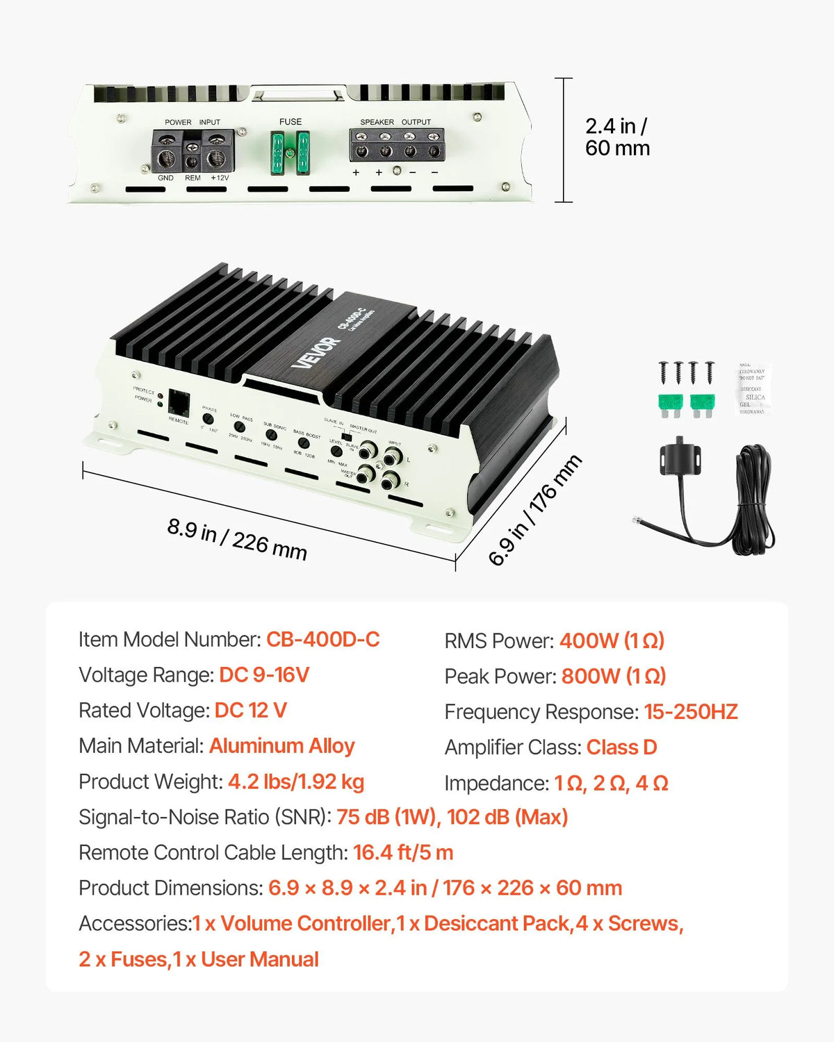 VEVOR Monoblock Car Amplifier 400 W RMS, 1 Channel, Class D, Stable at 1/2/4 Ω, with Remote Subwoofer Level Control, Low-Pass Filter, Bass Boost and Phase Adjustment