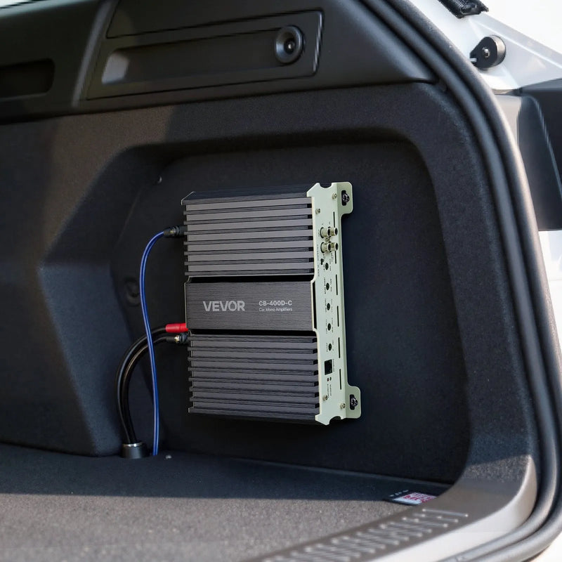 VEVOR monobloka automašīnas pastiprinātājs 400 W RMS, 1 kanāls, D klase, stabils pie 1/2/4 Ω, ar tālvadības subwoofera līmeņa regulatoru, zemo frekvenču filtru, basa pastiprinājumu un fāzes regulēšanu