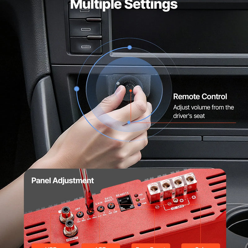 VEVOR monobloka automašīnas pastiprinātājs, līdz 2000 W, stabils 1/2/4 Ω, 1 kanāla D klases audio pastiprinātājs ar tālvadāmu zemfrekvenču līmeņa kontroli, zemfrekvenču filtru un basu pastiprinājumu, komplektā skaļuma regulators
