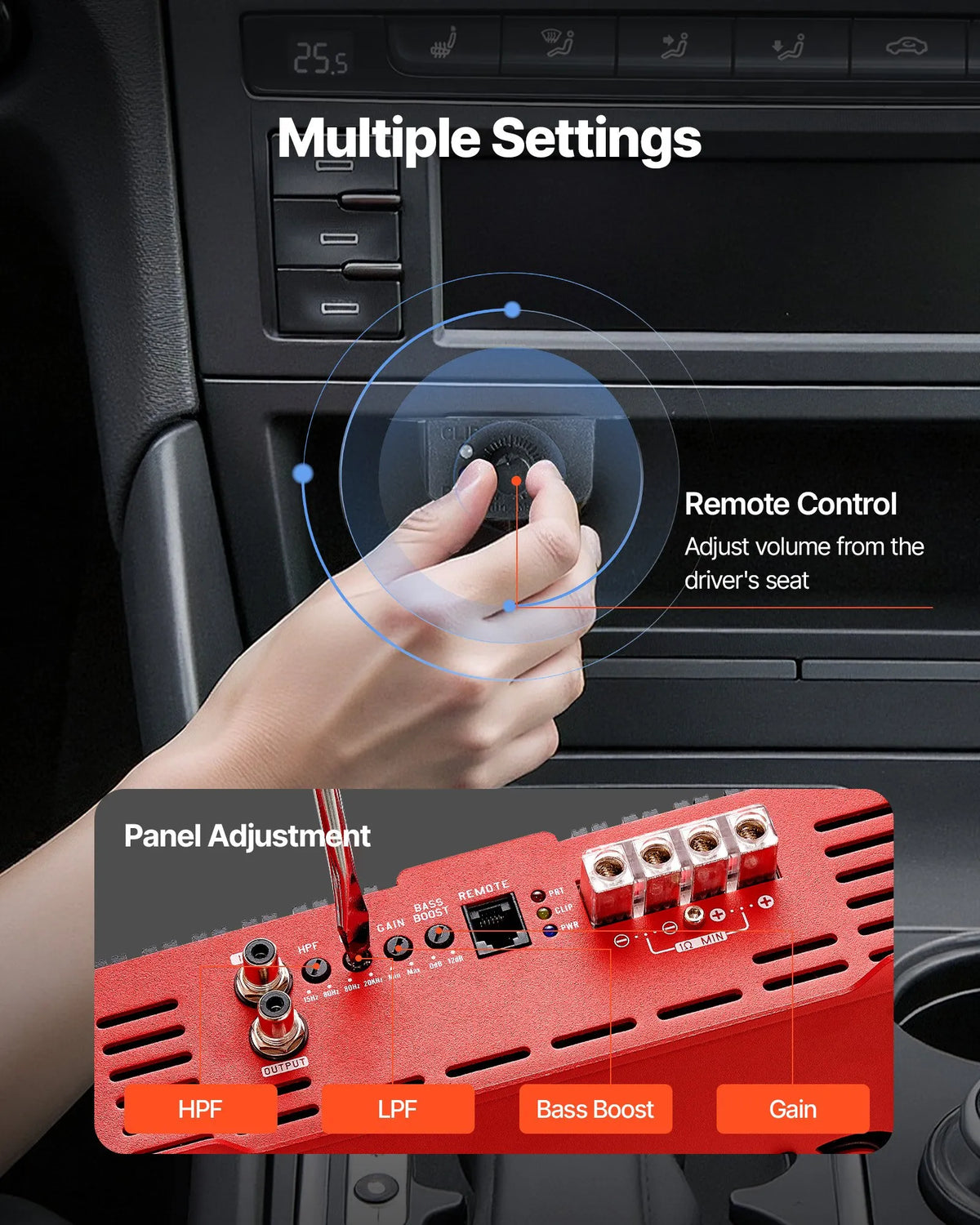 VEVOR Monoblock Car Amplifier, up to 2000 W, Stable 1/2/4 Ω, 1-Channel Class D Audio Amplifier with Remote Subwoofer Level Control, Low-Pass Filter and Bass Boost, Volume Controller Included