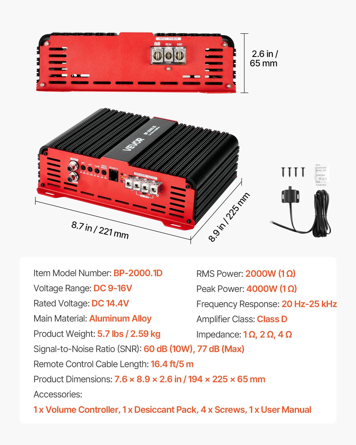 VEVOR Monoblock Car Amplifier, up to 2000 W, Stable 1/2/4 Ω, 1-Channel Class D Audio Amplifier with Remote Subwoofer Level Control, Low-Pass Filter and Bass Boost, Volume Controller Included