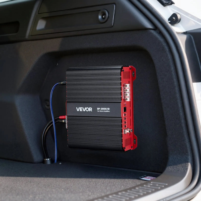 VEVOR monobloka automašīnas pastiprinātājs, līdz 2000 W, stabils 1/2/4 Ω, 1 kanāla D klases audio pastiprinātājs ar tālvadāmu zemfrekvenču līmeņa kontroli, zemfrekvenču filtru un basu pastiprinājumu, komplektā skaļuma regulators