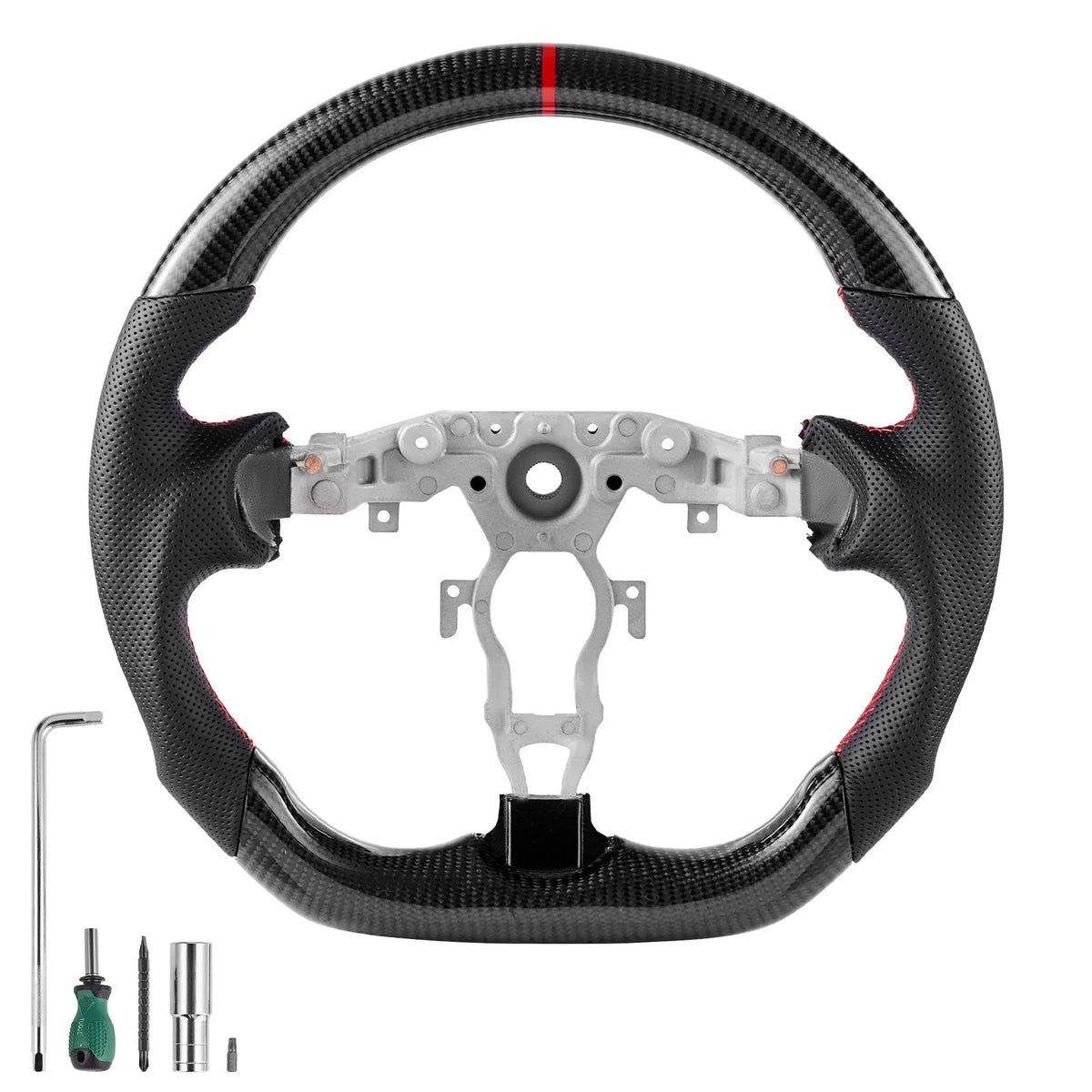 VEVOR stūre Nissan 370Z 2008–2020, D formas stūre ar plakanu apakšdaļu, oglekļa šķiedras apdare, ādas satvēriena zona ar neslīdošu tekstūru un precīzām šuvēm, melna