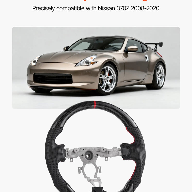 VEVOR stūre Nissan 370Z 2008–2020, D formas stūre ar plakanu apakšdaļu, oglekļa šķiedras apdare, ādas satvēriena zona ar neslīdošu tekstūru un precīzām šuvēm, melna