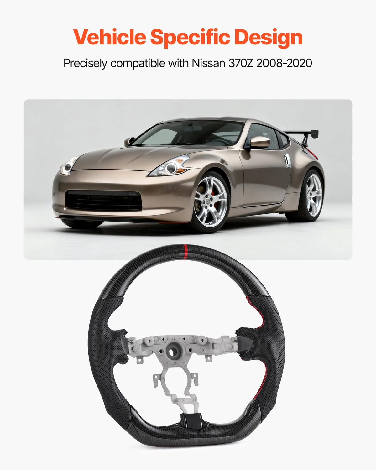 VEVOR stūre Nissan 370Z 2008–2020, D formas stūre ar plakanu apakšdaļu, oglekļa šķiedras apdare, ādas satvēriena zona ar neslīdošu tekstūru un precīzām šuvēm, melna