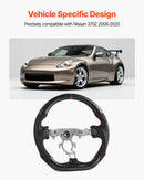VEVOR stūre Nissan 370Z 2008–2020, D formas stūre ar plakanu apakšdaļu, oglekļa šķiedras apdare, ādas satvēriena zona ar neslīdošu tekstūru un precīzām šuvēm, melna