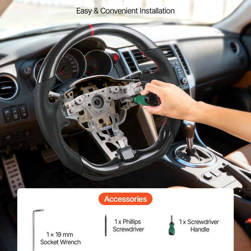 VEVOR stūre Nissan 370Z 2008–2020, D formas stūre ar plakanu apakšdaļu, oglekļa šķiedras apdare, ādas satvēriena zona ar neslīdošu tekstūru un precīzām šuvēm, melna