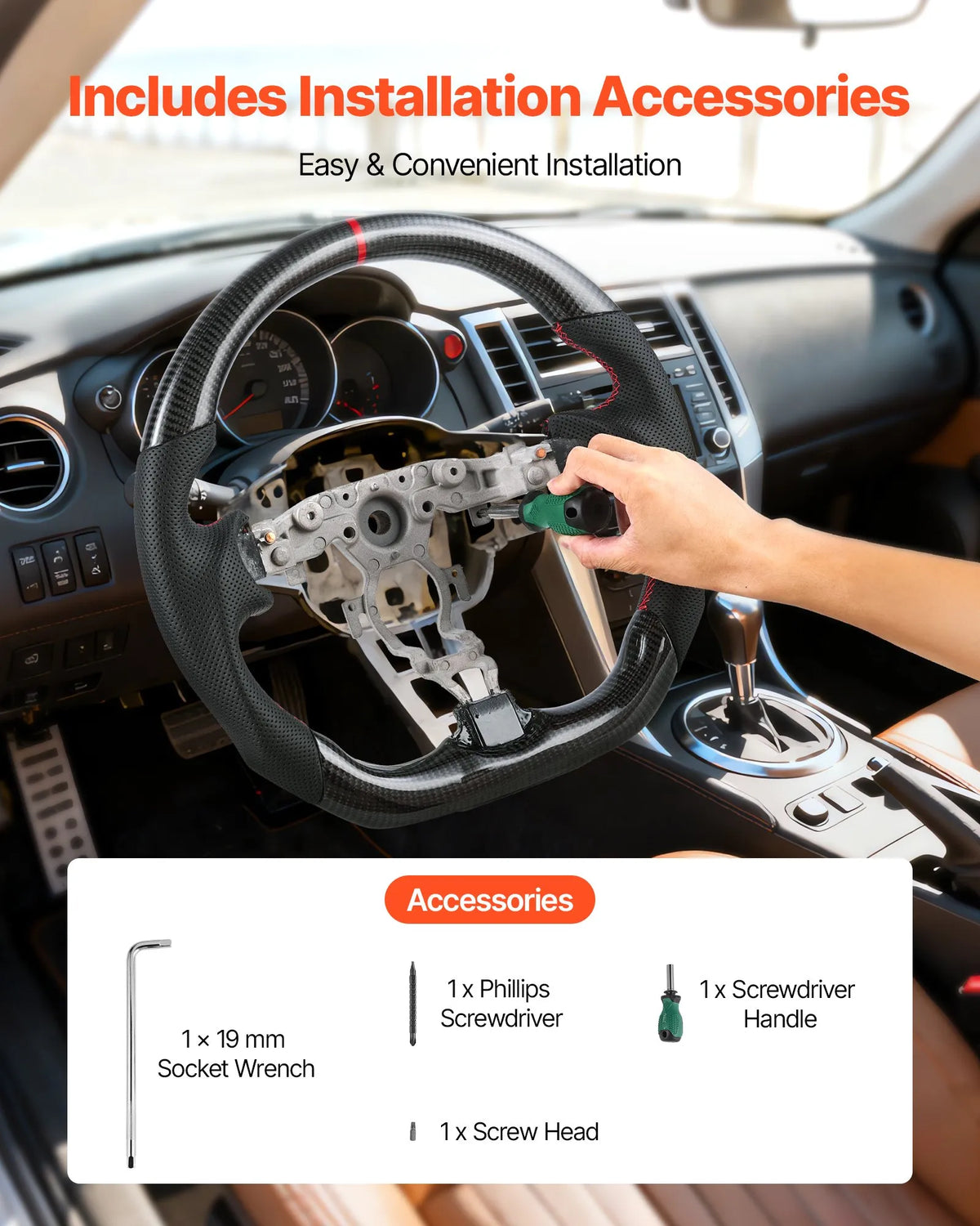 VEVOR stūre Nissan 370Z 2008–2020, D formas stūre ar plakanu apakšdaļu, oglekļa šķiedras apdare, ādas satvēriena zona ar neslīdošu tekstūru un precīzām šuvēm, melna