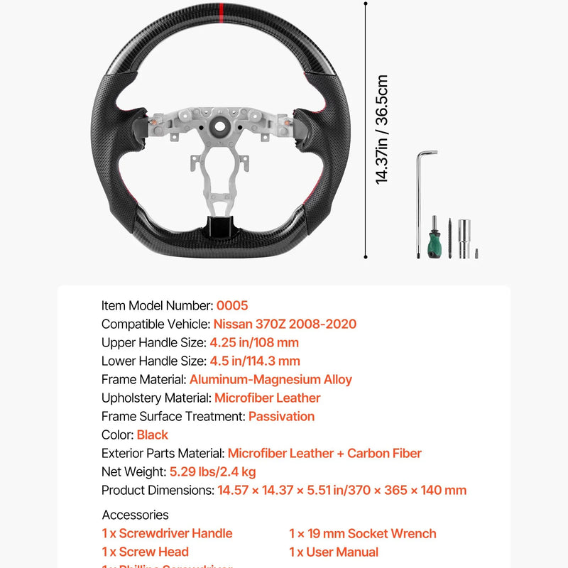 VEVOR stūre Nissan 370Z 2008–2020, D formas stūre ar plakanu apakšdaļu, oglekļa šķiedras apdare, ādas satvēriena zona ar neslīdošu tekstūru un precīzām šuvēm, melna