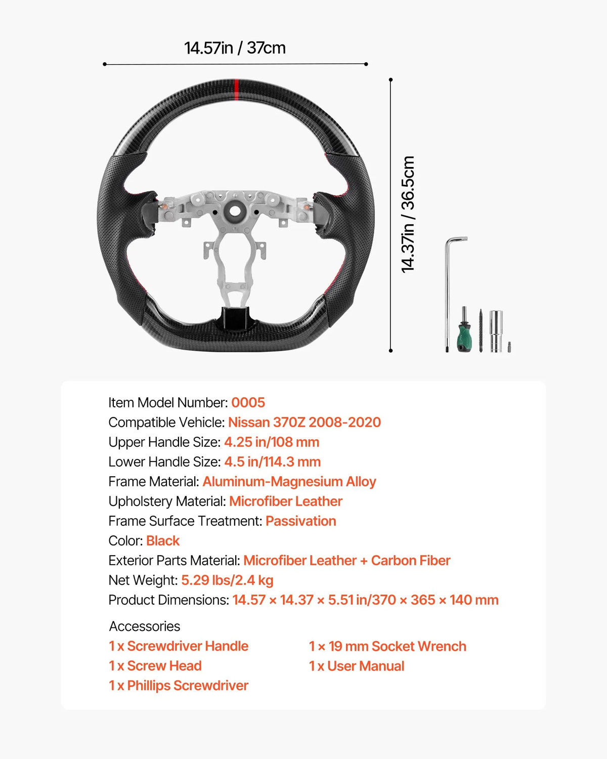 VEVOR stūre Nissan 370Z 2008–2020, D formas stūre ar plakanu apakšdaļu, oglekļa šķiedras apdare, ādas satvēriena zona ar neslīdošu tekstūru un precīzām šuvēm, melna