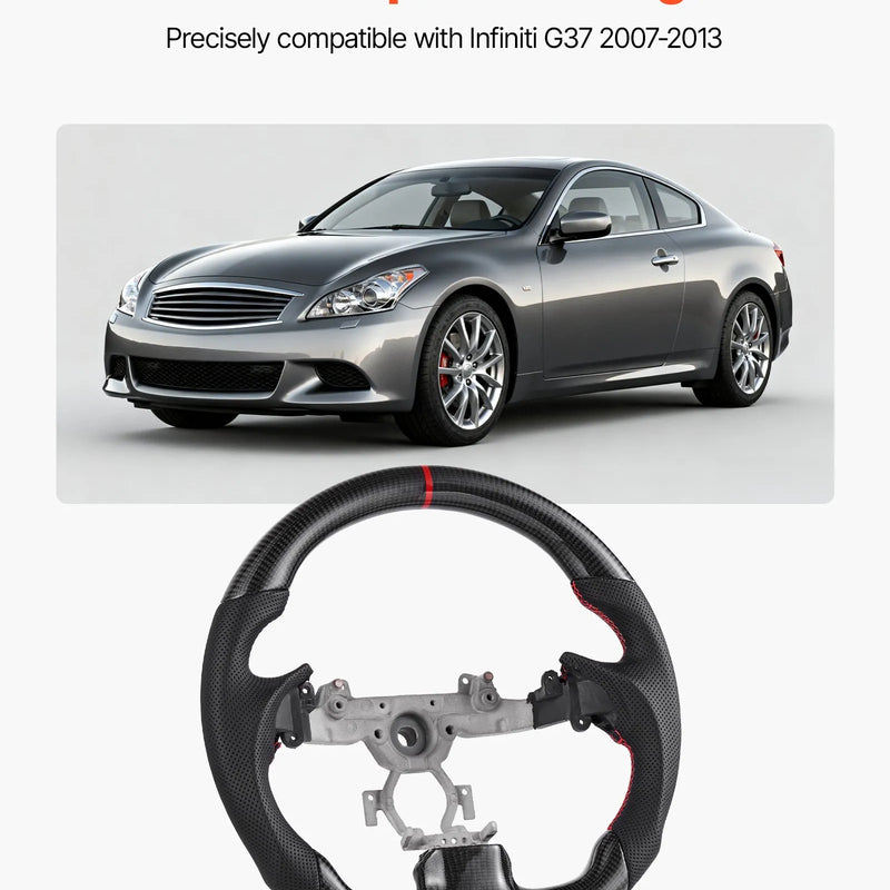 VEVOR stūre Infiniti G37 2007–2013, D formas stūre ar plakanu apakšdaļu, oglekļa šķiedras apdare, ādas satvēriena zona ar neslīdošu tekstūru un precīzām šuvēm, melna