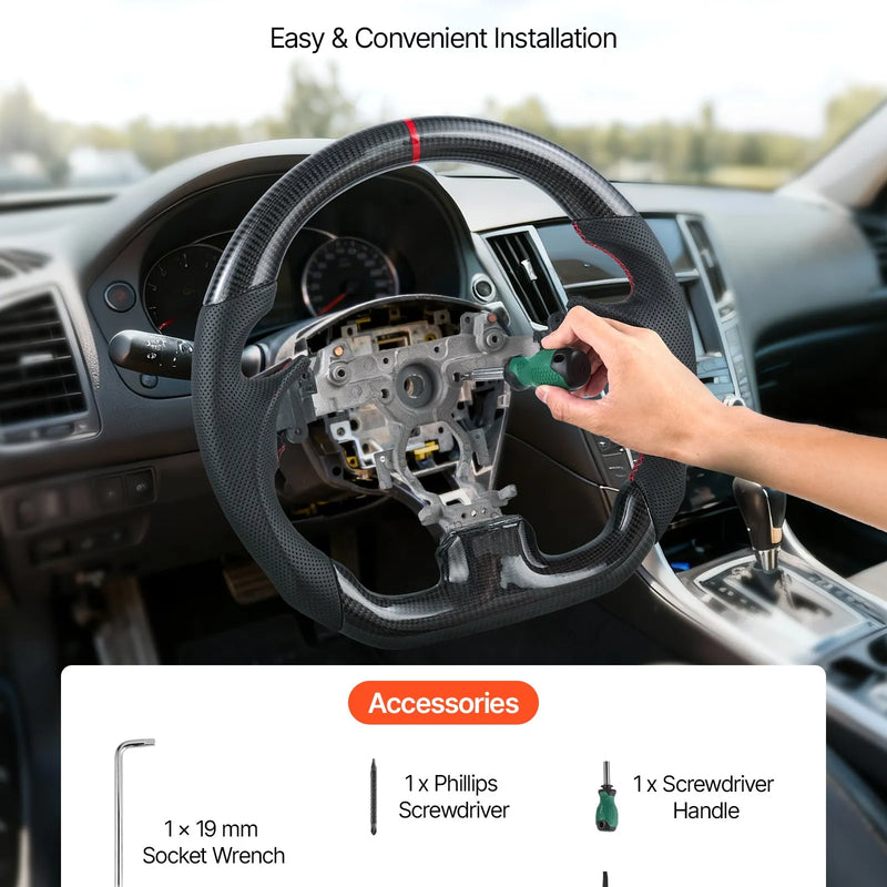 VEVOR stūre Infiniti G37 2007–2013, D formas stūre ar plakanu apakšdaļu, oglekļa šķiedras apdare, ādas satvēriena zona ar neslīdošu tekstūru un precīzām šuvēm, melna