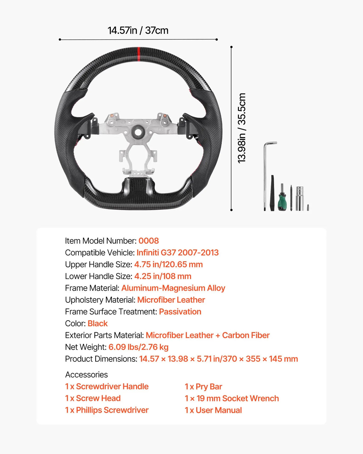 VEVOR Steering Wheel for Infiniti G37 2007–2013, D-Shape Steering Wheel with Flat Bottom, Carbon Fibre Finish, Leather Grip Zone with Non-Slip Texture and Precision Stitching, Black