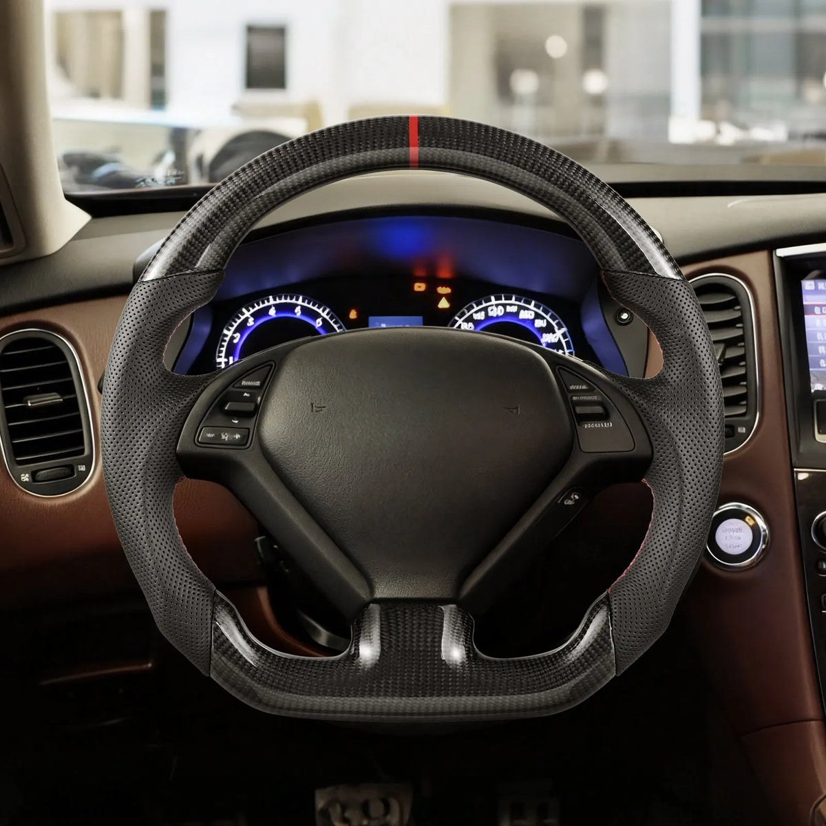 VEVOR Steering Wheel for Infiniti G37 2007–2013, D-Shape Steering Wheel with Flat Bottom, Carbon Fibre Finish, Leather Grip Zone with Non-Slip Texture and Precision Stitching, Black