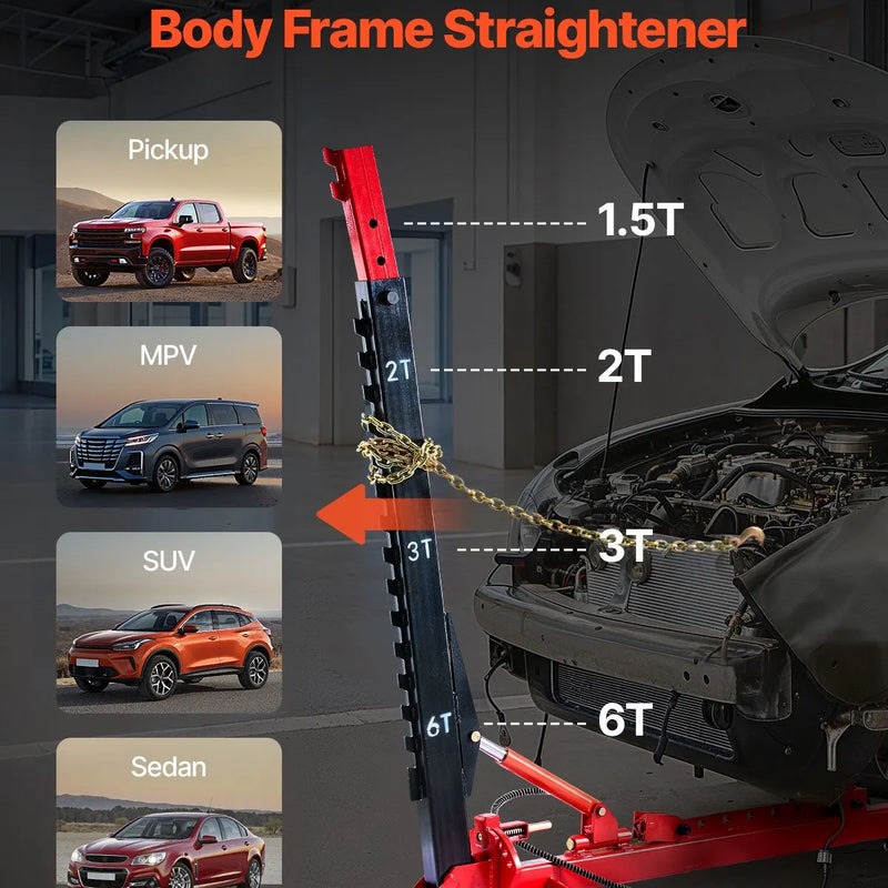 Auto virsbūves rāmis taisnotājs, 6 t spriegojuma remonta aprīkojums ar 3 t pneimatisko domkratu un 6000 PSI hidraulisko kājas pumpi, 16 taisnošanas instrumenti, automašīnām, SUV un pikapiem