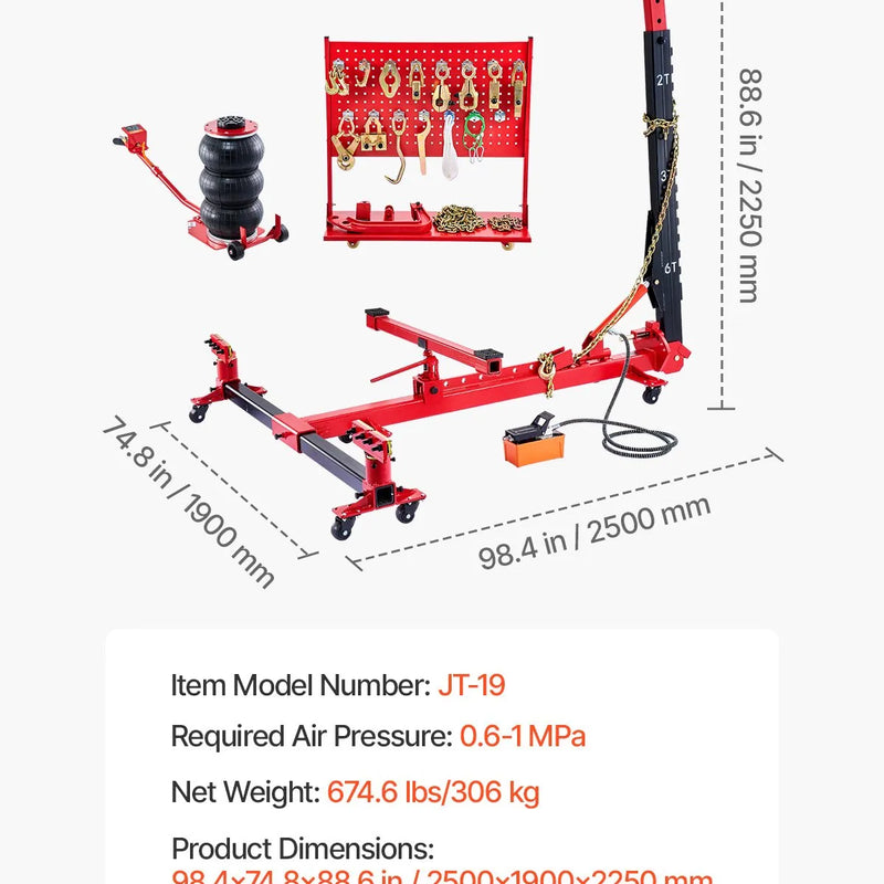 Auto virsbūves rāmis taisnotājs, 6 t spriegojuma remonta aprīkojums ar 3 t pneimatisko domkratu un 6000 PSI hidraulisko kājas pumpi, 16 taisnošanas instrumenti, automašīnām, SUV un pikapiem