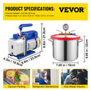 VEVOR 5,7 l vakuuma kameras komplekts ar 28 l/min (3 CFM) vienpakāpes vakuumsūkni, 186 W (1/4 ZS) rotācijas lāpstiņu HVAC vakuumsūknis gaisa kondicionēšanas un saldēšanas sistēmu evakuācijai