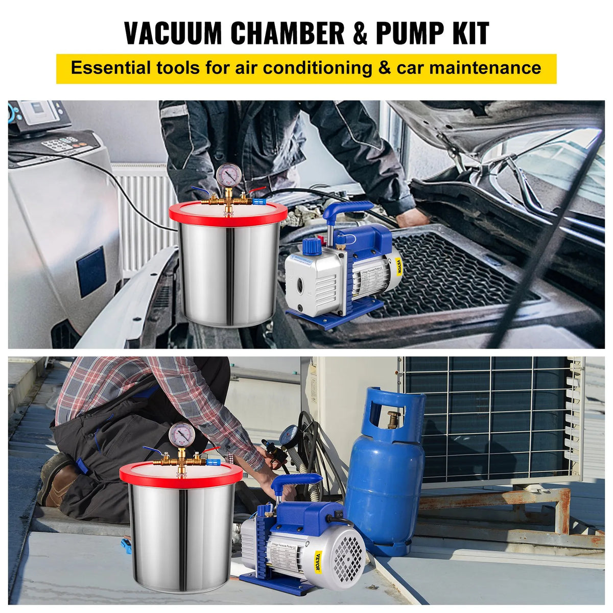 VEVOR Single-Stage Vacuum Pump 85 l/min, 186 W, with 13 l Vacuum Chamber, HVAC A/C and Refrigeration Evacuation Kit