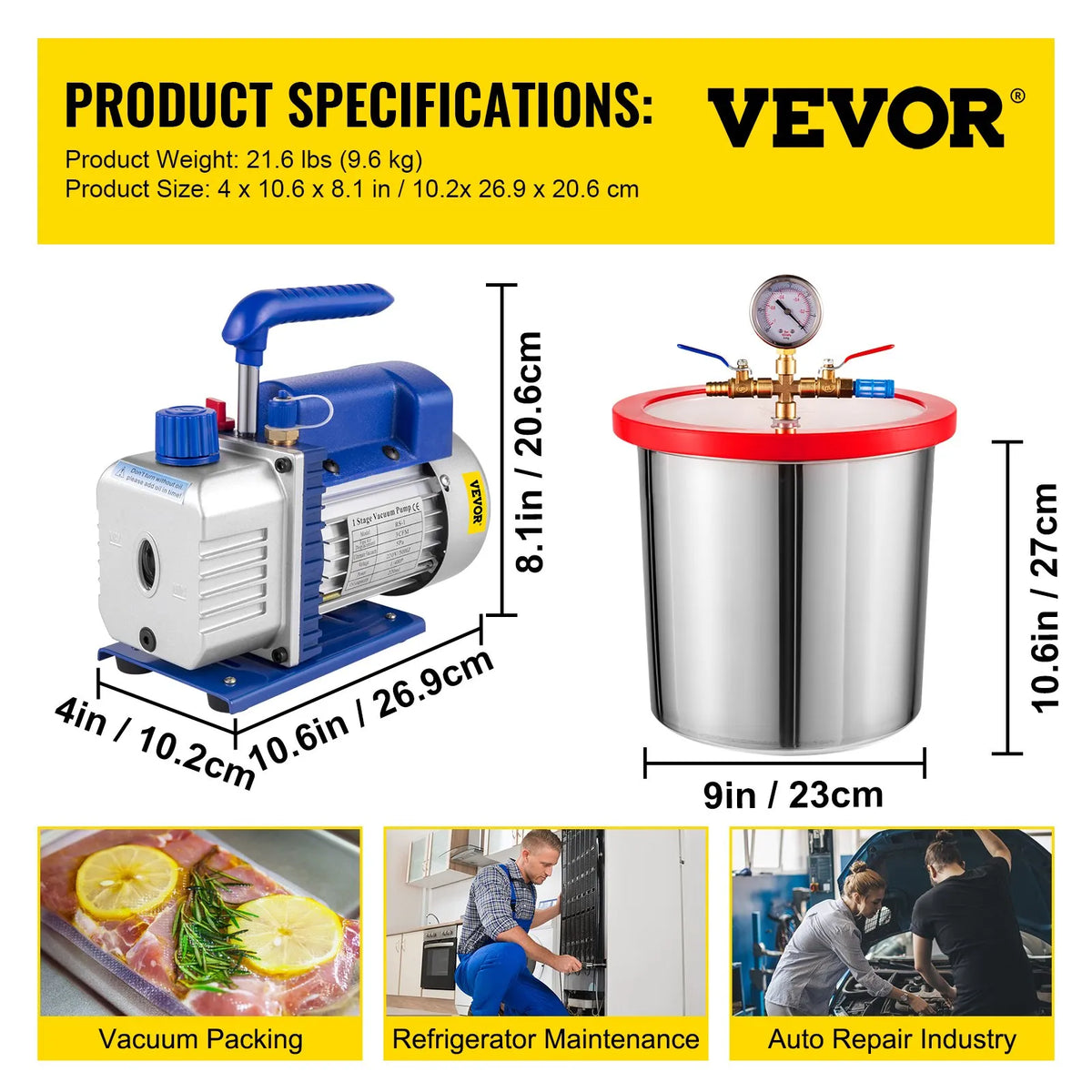 VEVOR Single-Stage Vacuum Pump 85 l/min, 186 W, with 13 l Vacuum Chamber, HVAC A/C and Refrigeration Evacuation Kit