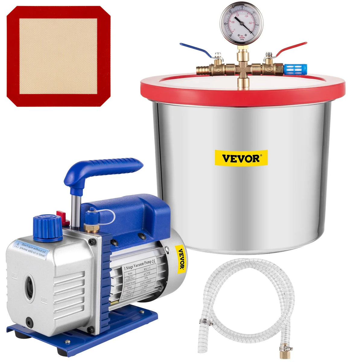 VEVOR 7.6 l Vacuum Chamber with Vacuum Pump, Silicone and Epoxy Degassing, 113 l/min Single-Stage Vacuum Pump, 250 W, for Workshop and Professional Use
