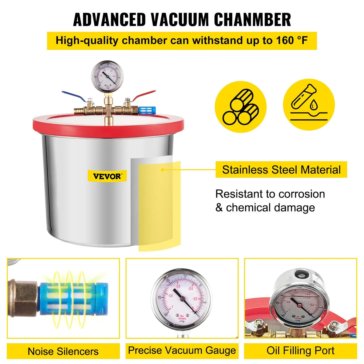 VEVOR 7.6 l Vacuum Chamber with Vacuum Pump, Silicone and Epoxy Degassing, 113 l/min Single-Stage Vacuum Pump, 250 W, for Workshop and Professional Use