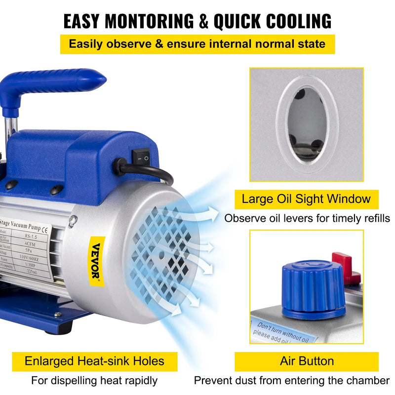 VEVOR 7,6 l vakuuma kamera ar vakuuma sūkni, silikona un epoksīda degazēšanai, 113 l/min vienpakāpes vakuuma sūknis, 250 W, paredzēta darbnīcas un profesionālai lietošanai