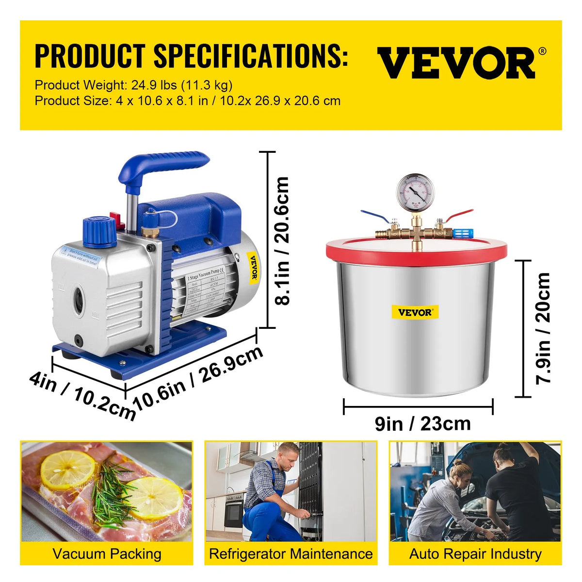 VEVOR 7.6 l Vacuum Chamber with Vacuum Pump, Silicone and Epoxy Degassing, 113 l/min Single-Stage Vacuum Pump, 250 W, for Workshop and Professional Use