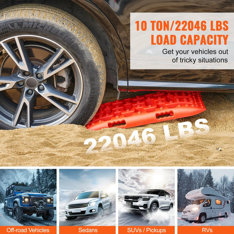 VEVOR 10 t PP saķeres dēļi apvidus un vieglajiem auto, pikapiem, SUV un kemperiem, īsie riepu saķeres paliktņi sniegam, smiltīm, dubļiem un irdenam reljefam, pāris ar glabāšanas somu, sarkani