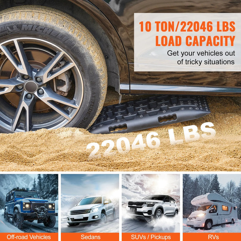 VEVOR 10 t PP saķeres dēļi bezceļu transportlīdzekļiem, īsie melnie riepu saķeres paklāji sniegam, smiltīm, dubļiem un irdenam reljefam, komplektā ar uzglabāšanas somu