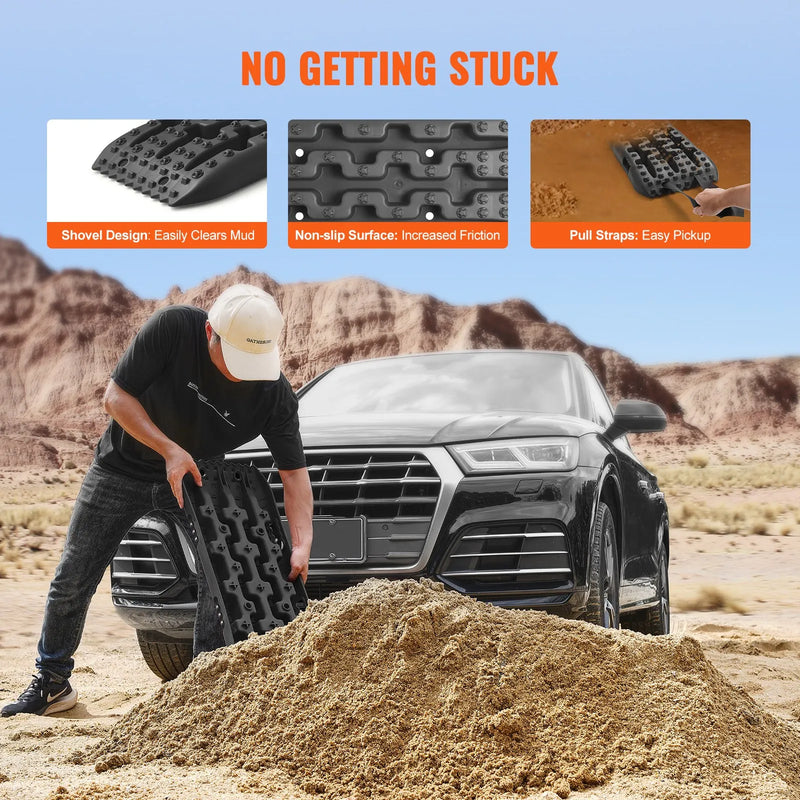 VEVOR 10 t PP saķeres dēļi bezceļu transportlīdzekļiem, īsie melnie riepu saķeres paklāji sniegam, smiltīm, dubļiem un irdenam reljefam, komplektā ar uzglabāšanas somu
